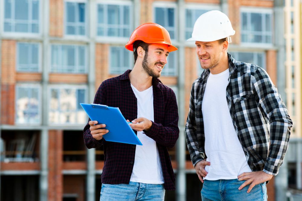 Two construction workers in hard hats discussing a blue clipboard, building in the background.