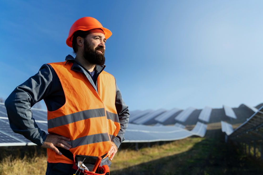 Man in orange safety vest and hard hat, hands on hips, looks off toward solar panels.