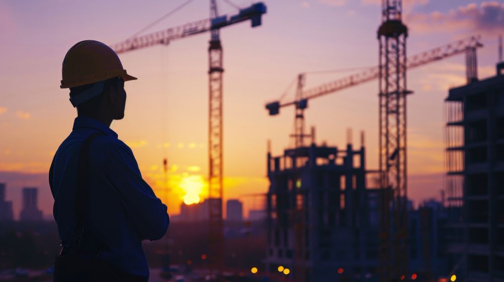Silhouette of person in hard hat, arms crossed, overlooking construction site with cranes at sunset.
