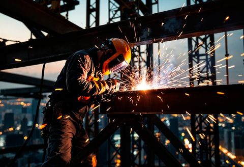 Welder in safety gear, welding metal beam high above a cityscape at dusk, sparks flying.