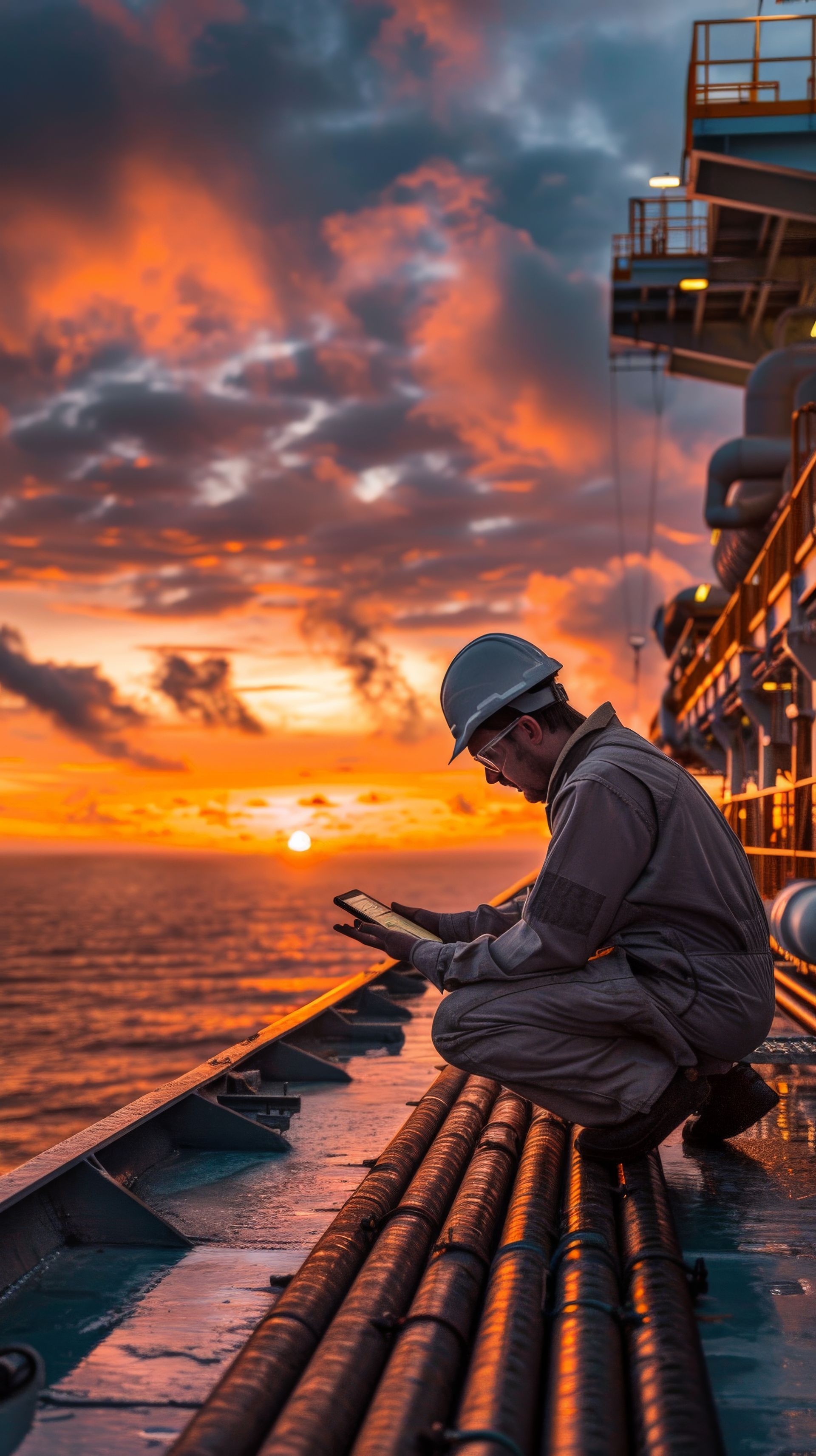 Man in hard hat on ship at sunset, looking at tablet, ocean view.