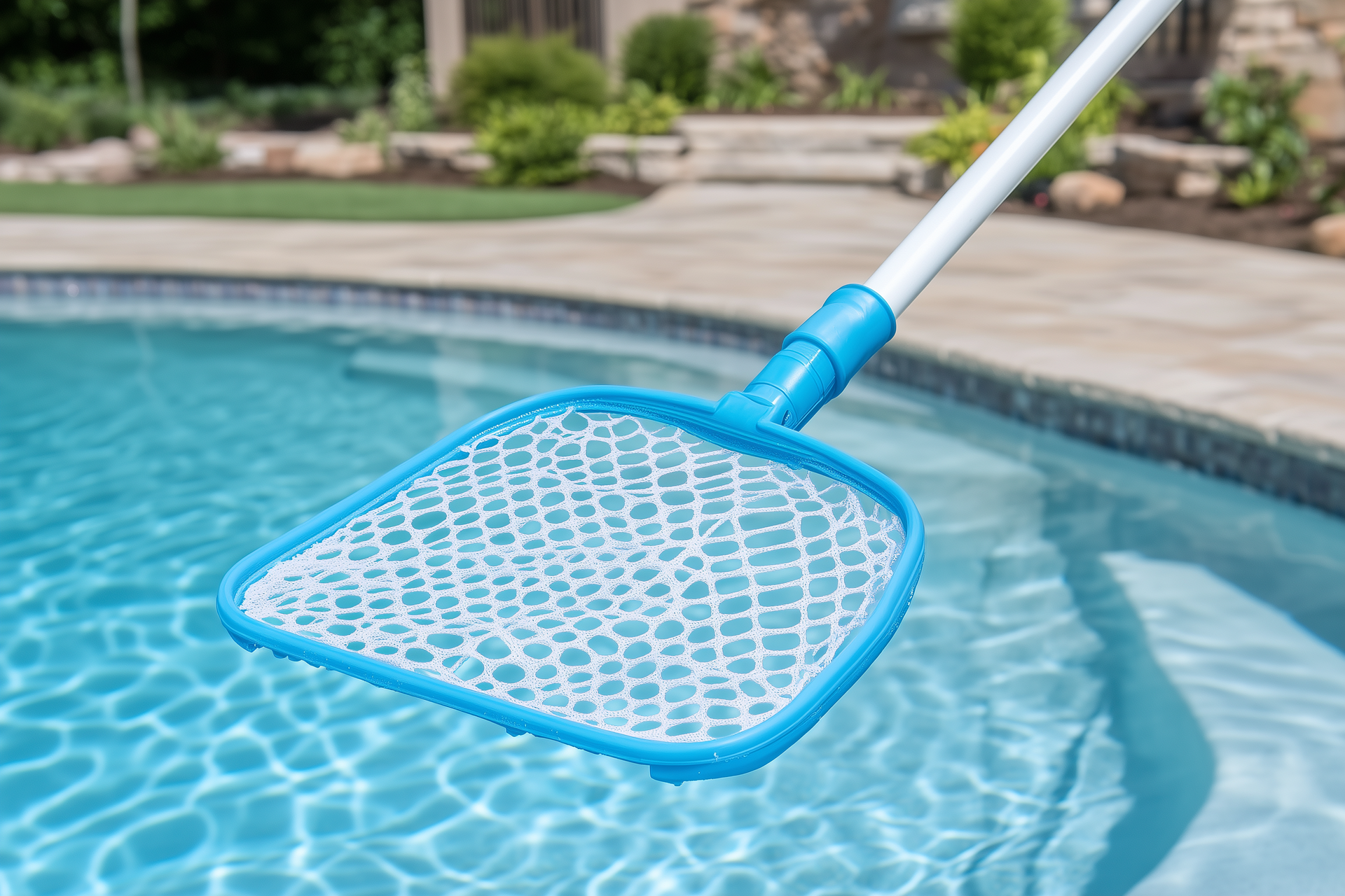 A blue and white leaf rake is sitting in a swimming pool.