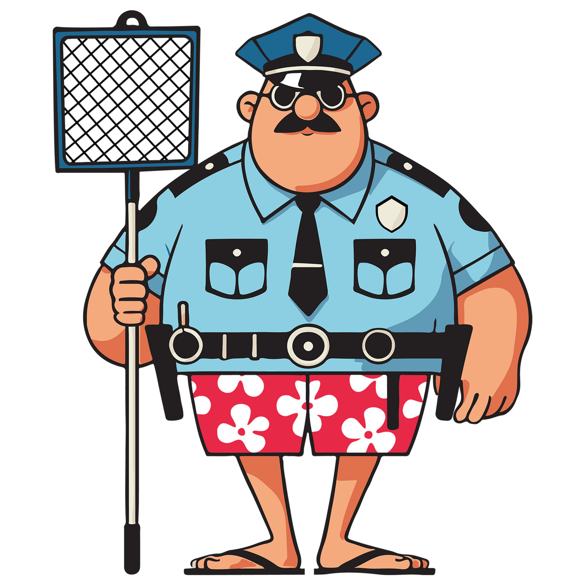 A cartoon police officer in hawaiian shorts is holding a net.