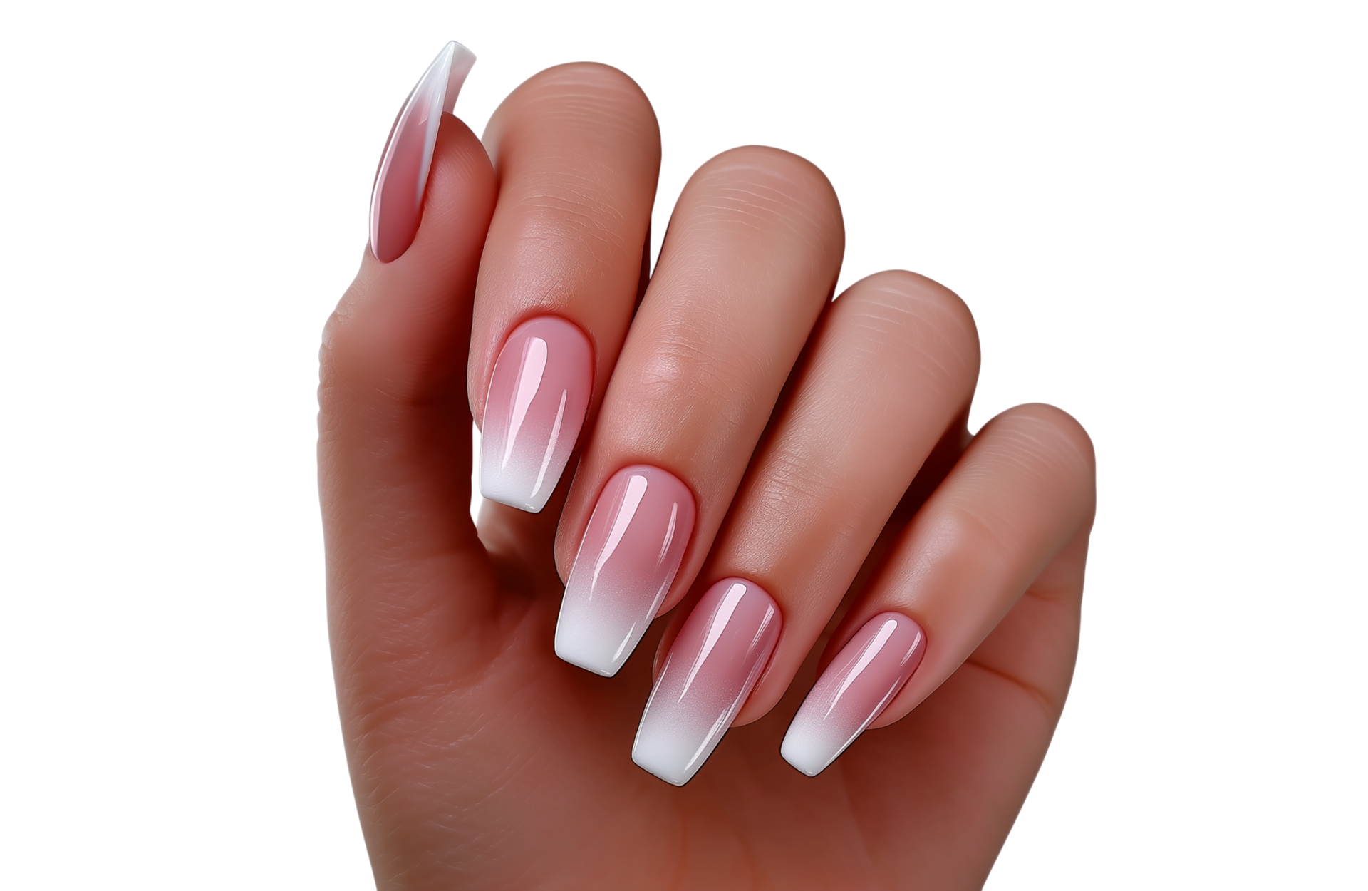 Hand with coffin-shaped nails featuring a pink to white ombre design.