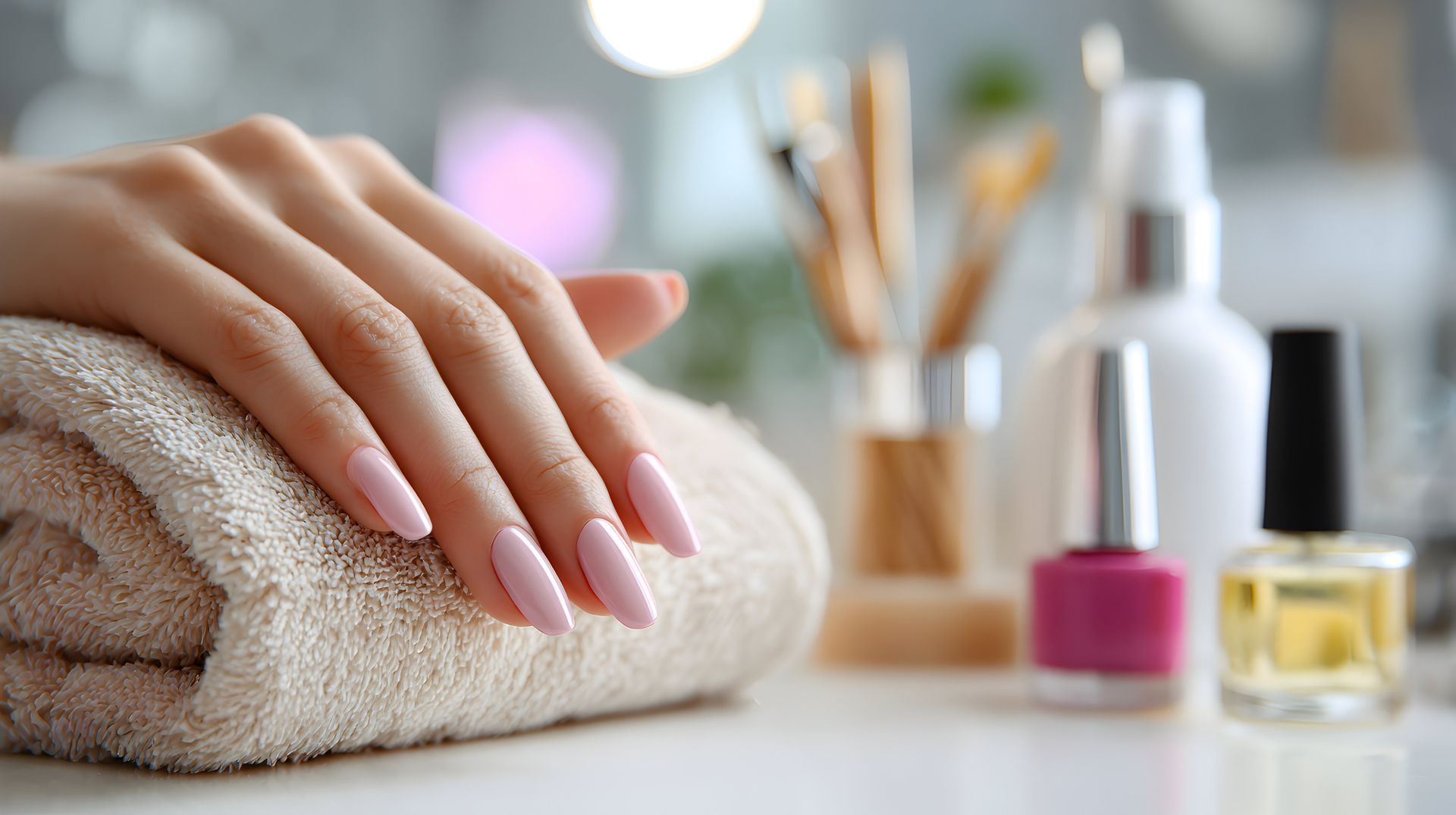 Hand with pink polished nails rests on a rolled towel, with nail polish and beauty products in the background.