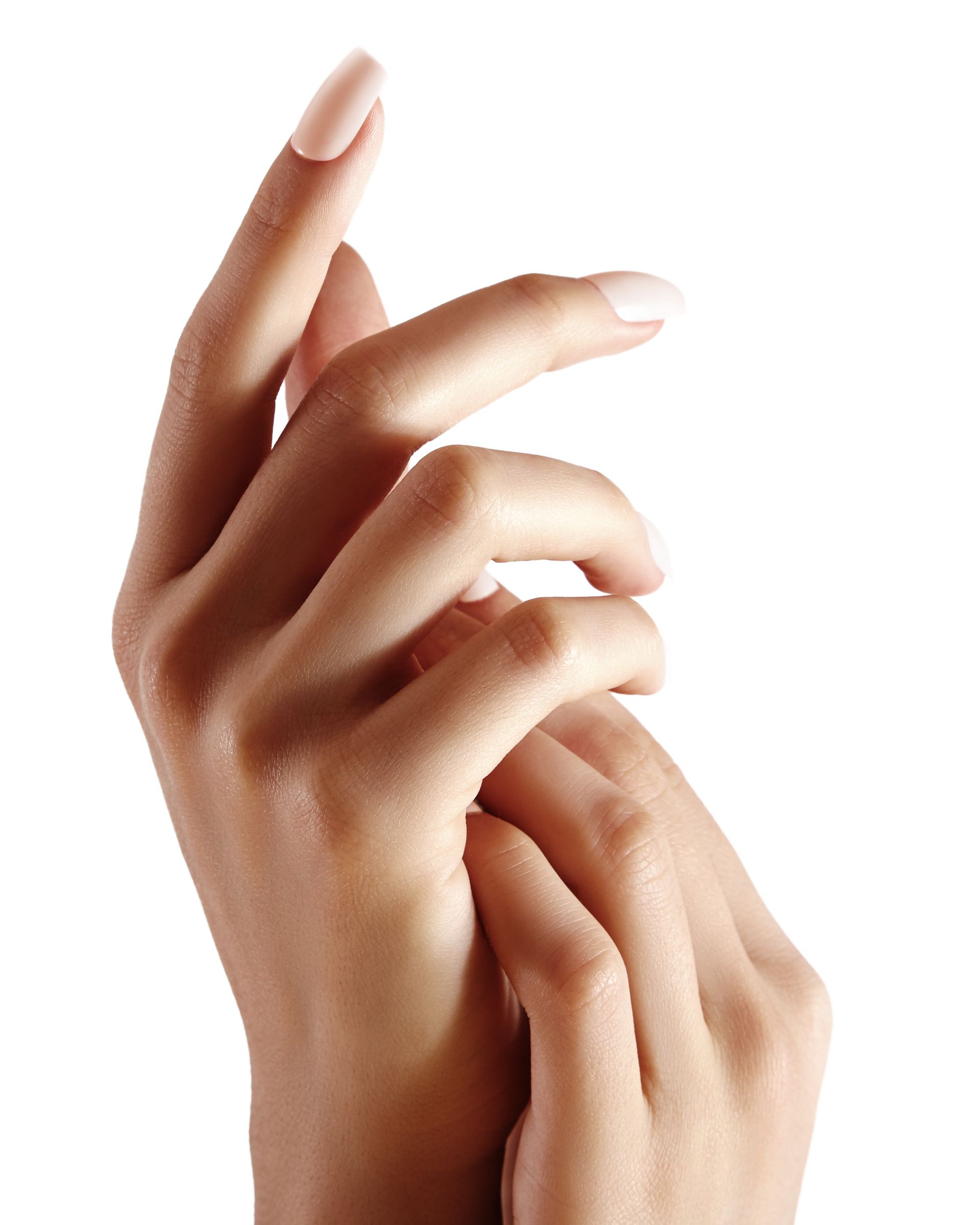 Hands with long, polished nails, gently touching each other, set against a white backdrop.