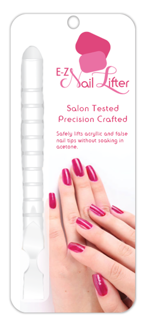 Package for a nail lifter tool, with a hand model displaying the result of the tool.