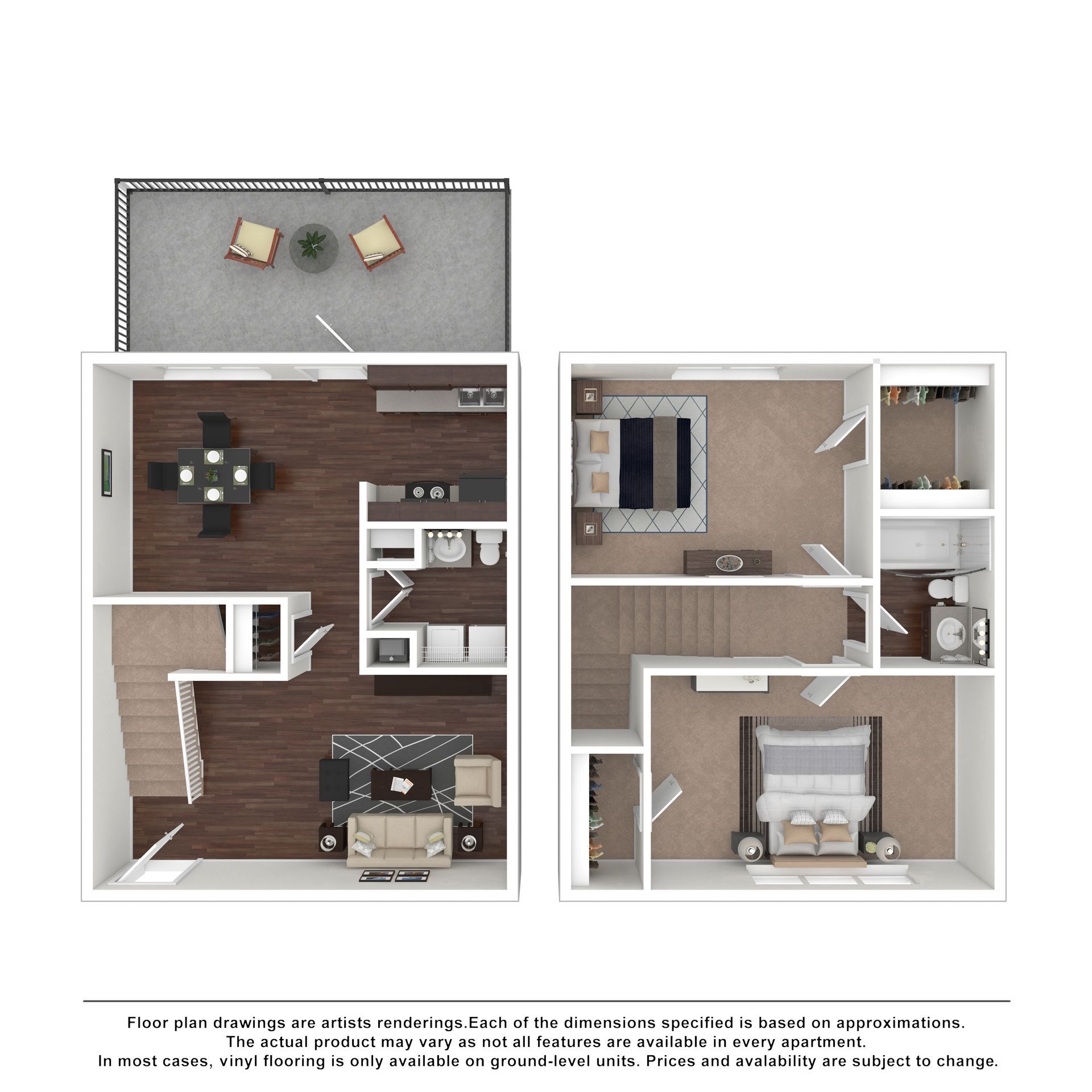 3D floor plan of a house with furnished living room, bedrooms, bathroom, and patio deck