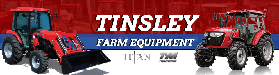 Tinsley Farm Equipment banner with two red tractors and large white logo on a blue background