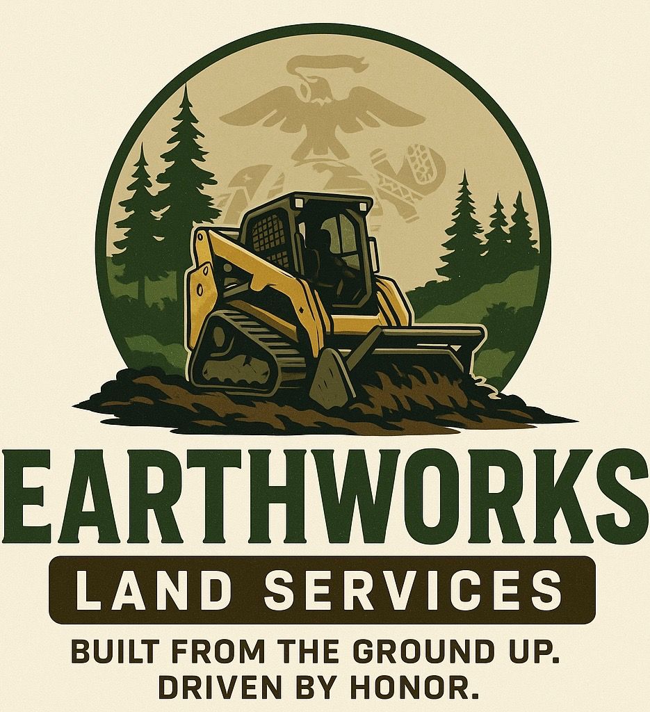 Skid steer loader pushing dirt; Earthworks Land Services logo. Oval backdrop with trees, eagle, and text.