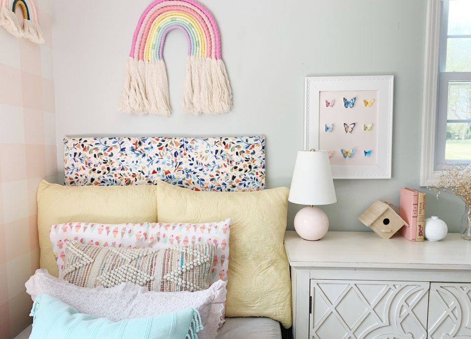 little girls bed floral fabric diy upholstered headboard with rainbow and butterflies