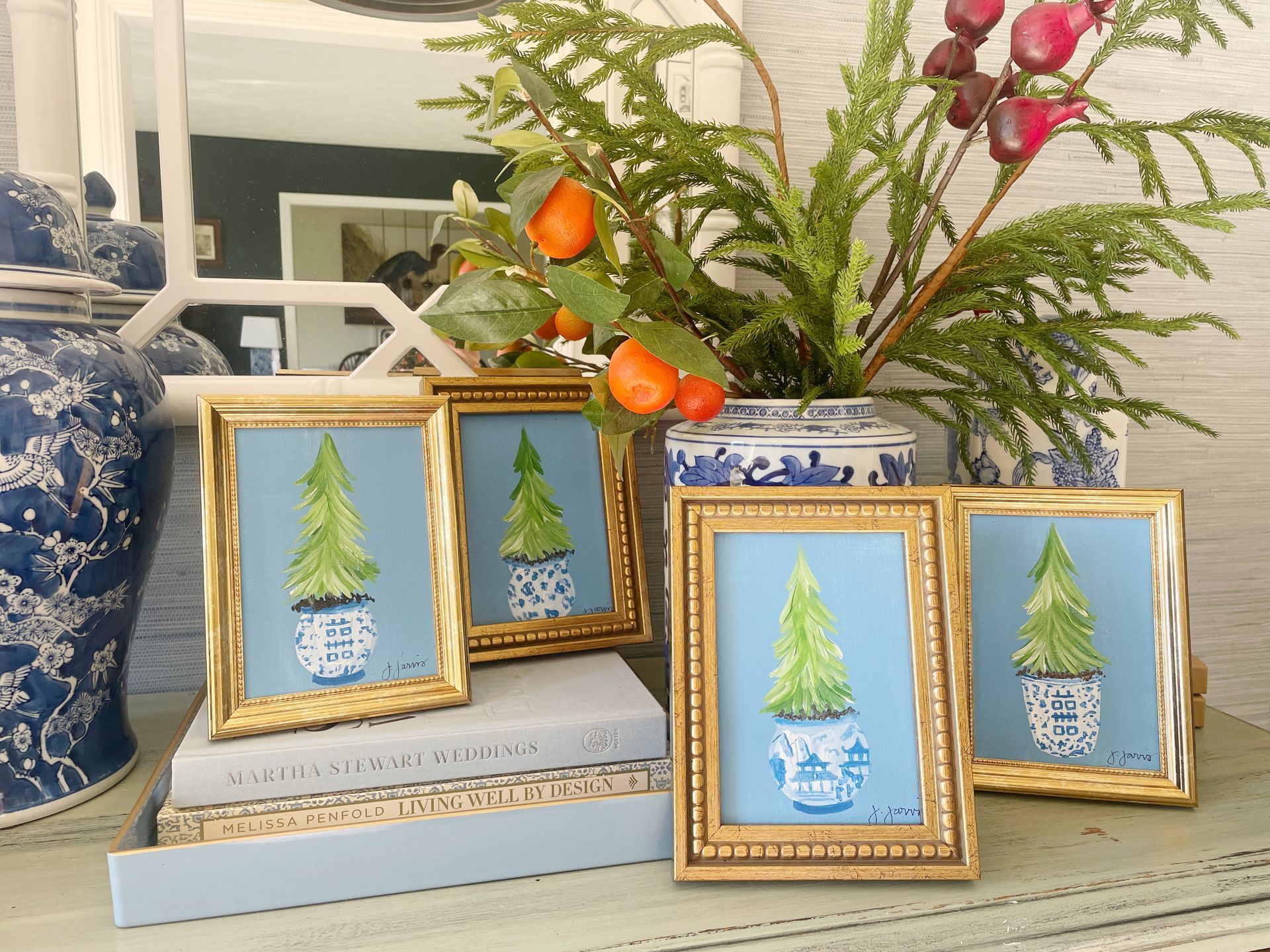 Chinoiserie Christmas tree paintings in gold frames