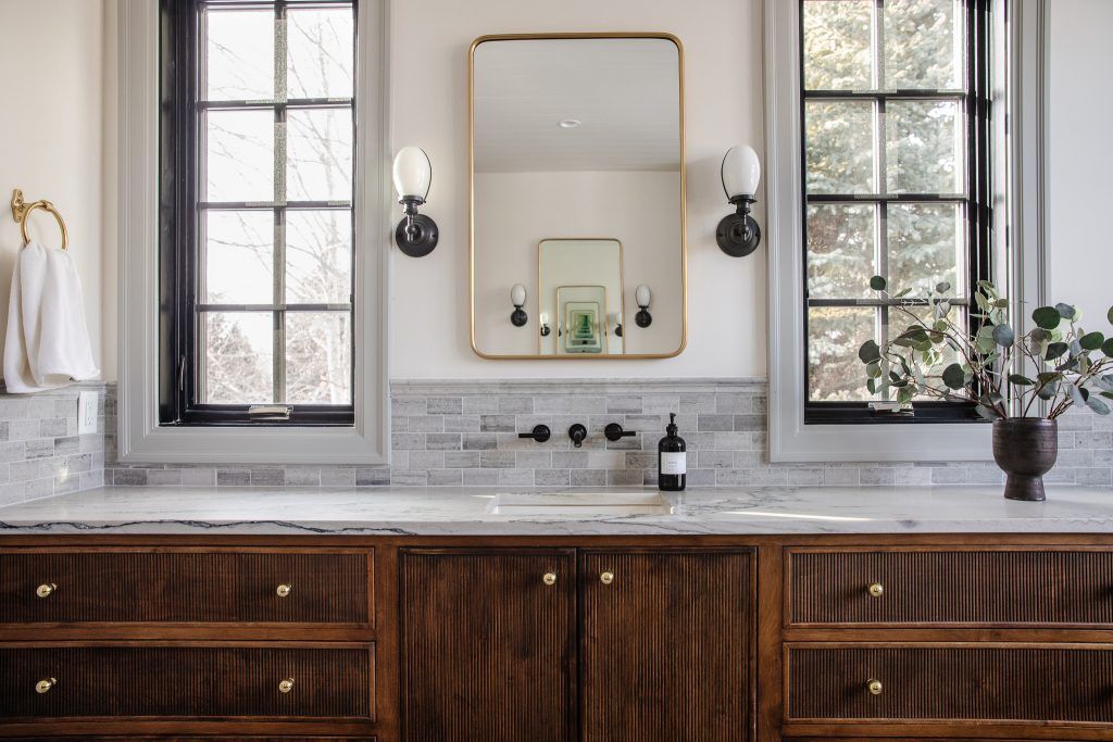 chris loves julia stained fluted wood bathroom vanity with marble