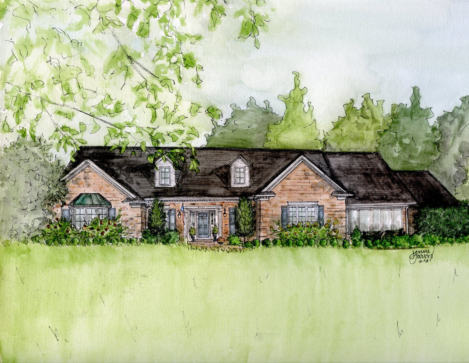 custom home watercolor painting