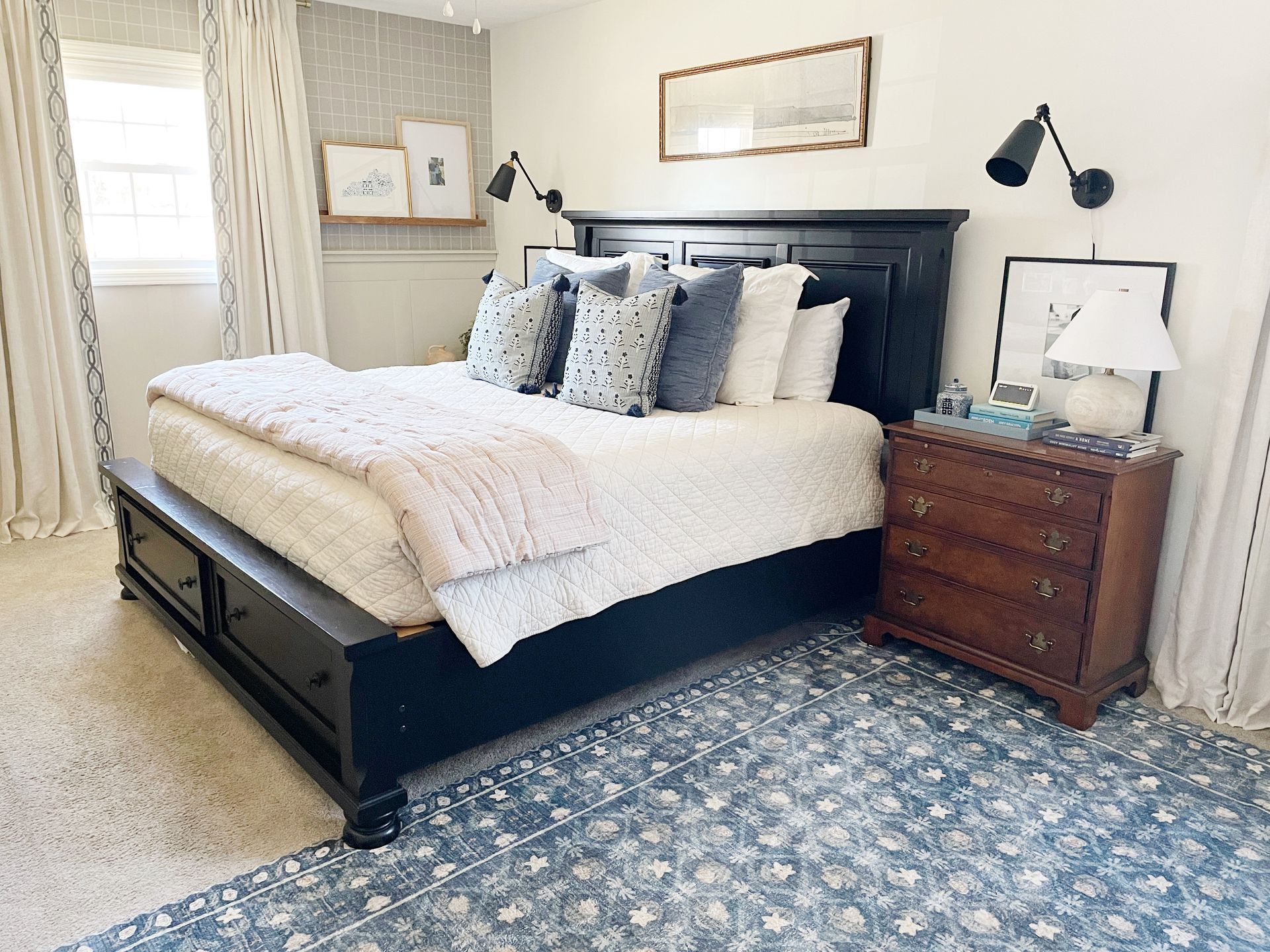 grandmillenial preppy master bedroom with curtains with trim and blue 