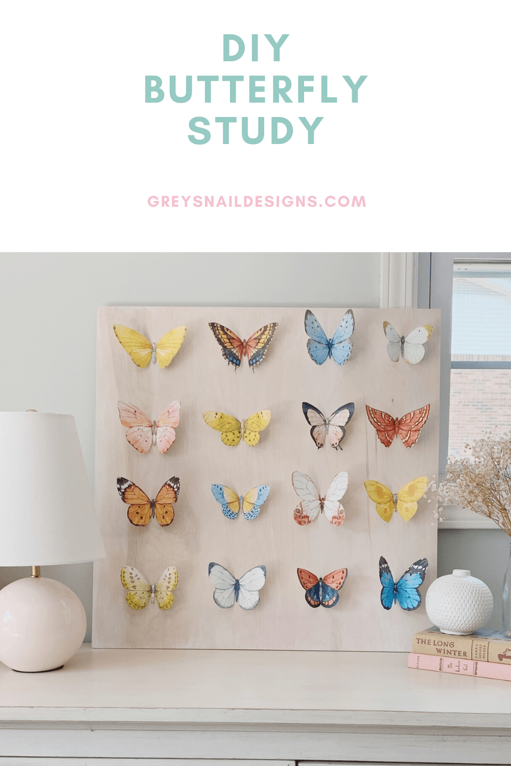 diy butterfly study on whitewashed board