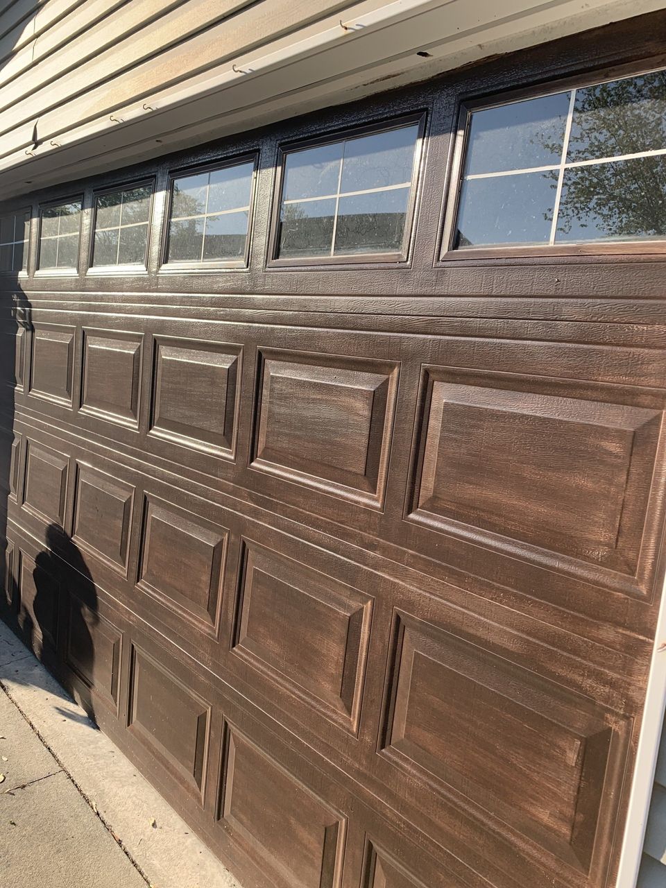 gel stain wood garage door with faux window panes
