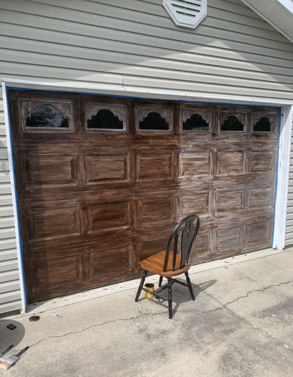 Minwax gel stained garage door in progress
