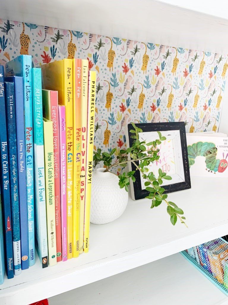 Books organized by color on fabric lined bookcase
