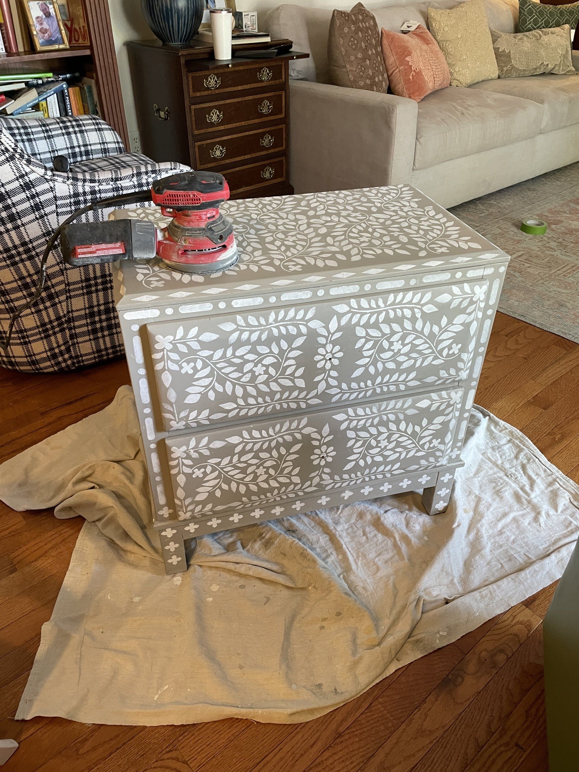gray and white bone inlay stencil painted nightstand chest