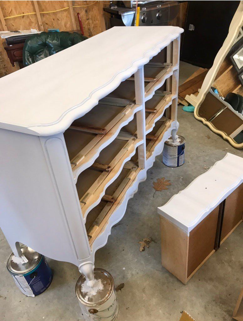 French Provincial Dresser with one coat of light grey chalk paint