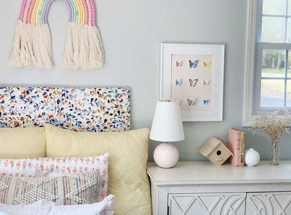 DIY upholstered floral fabric headboard little girls room