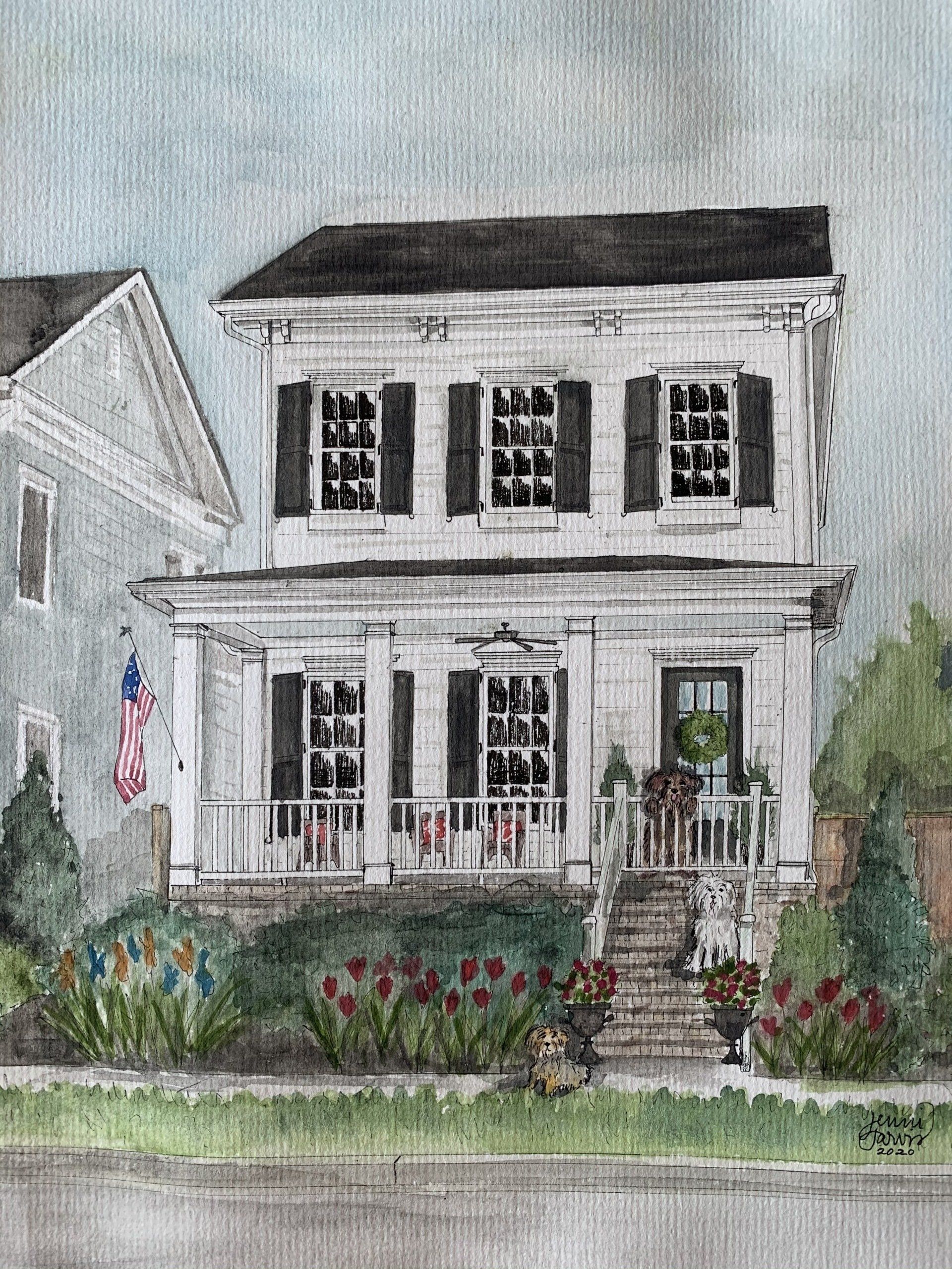 custom home watercolor painting