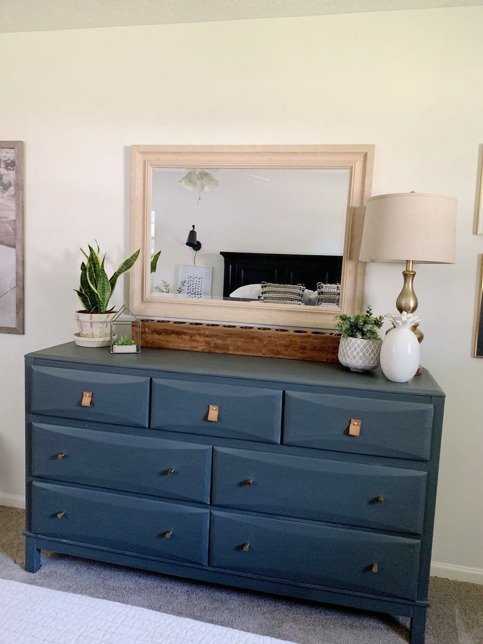 diy leather drawer pulls mixed with gold knobs on painted dark gray dresser in white bedroom