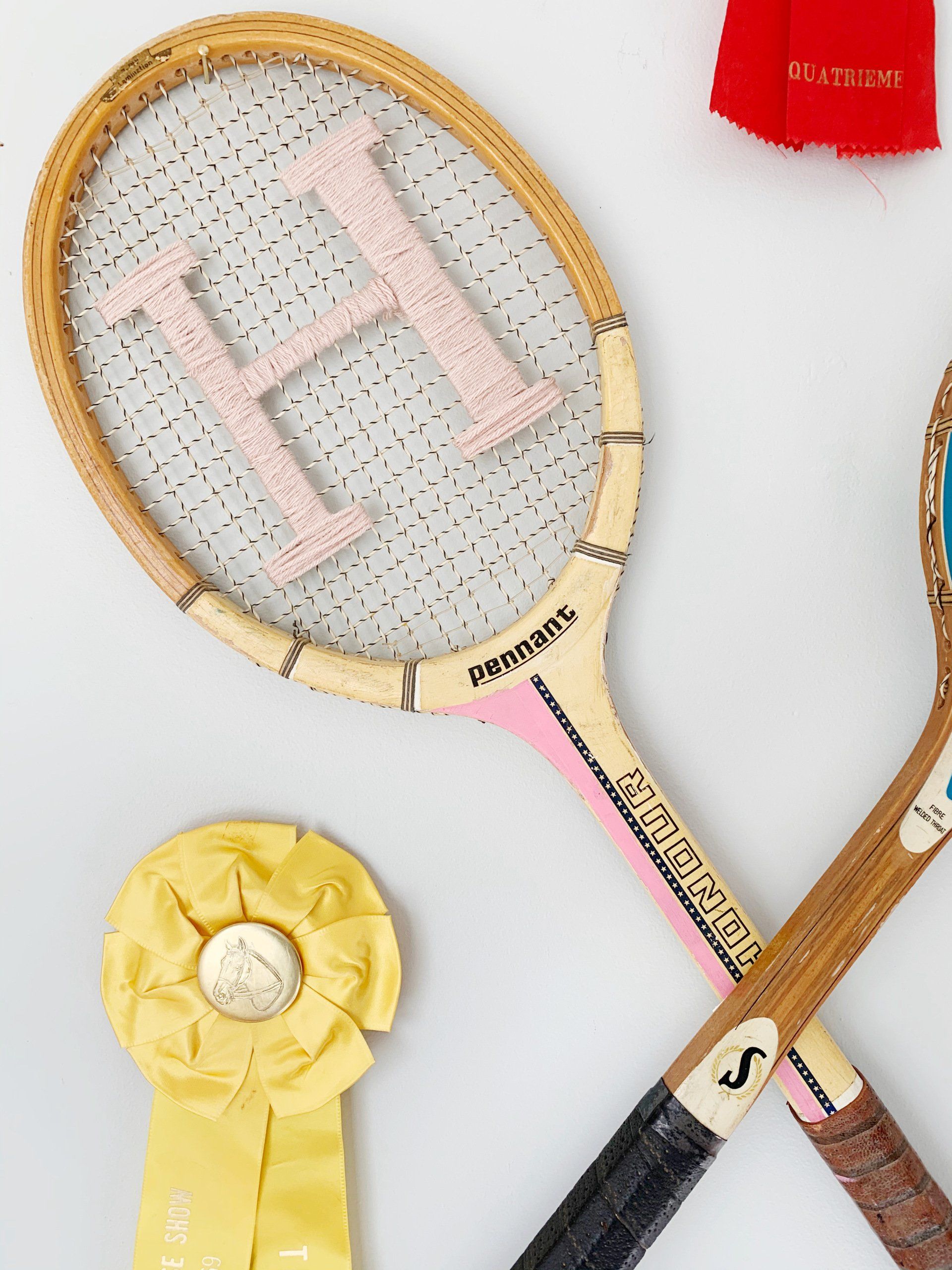 Vintage Wood Tennis Racket Cross Stitch Wall Decor