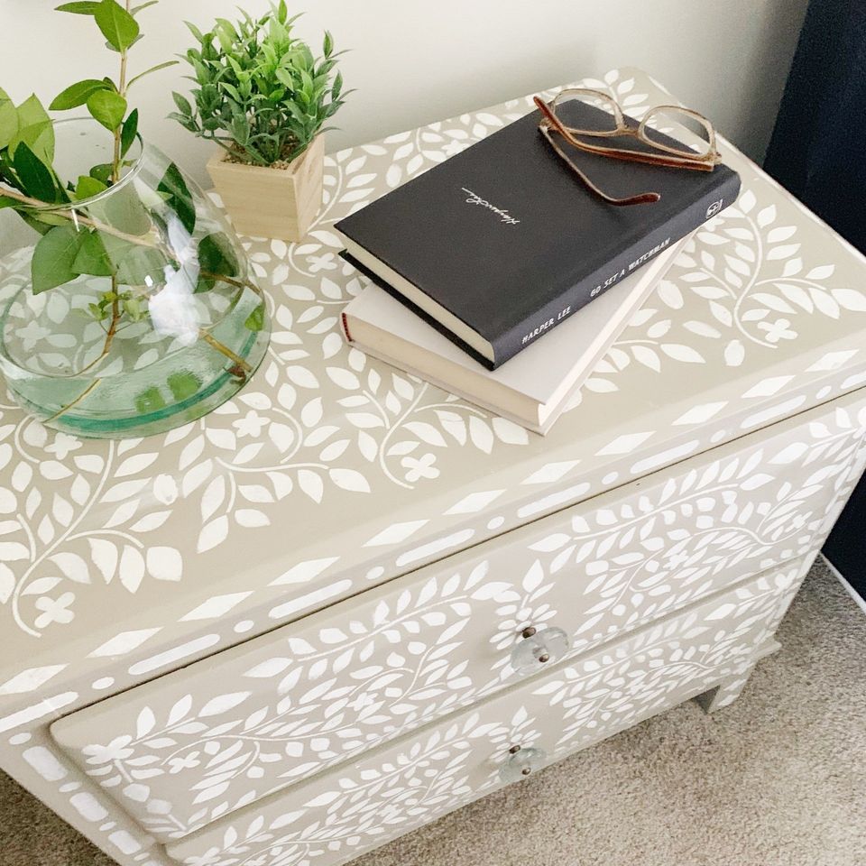 top view of diy painted tan and white bone inlay nightstand