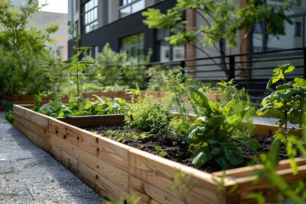 A wooden garden bed filled with lots of plants in front of a building.