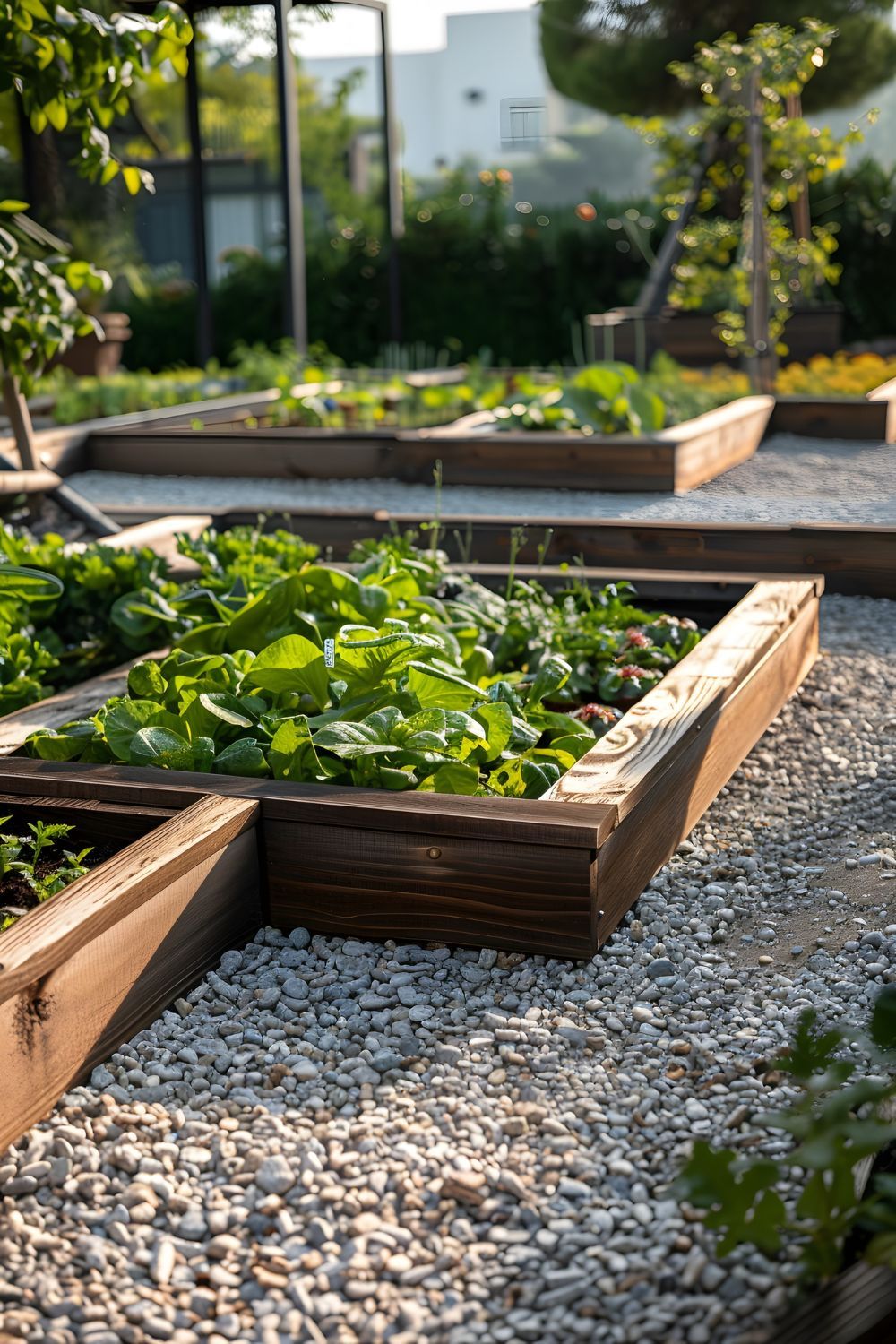 A garden with wooden planters filled with vegetables and gravel.