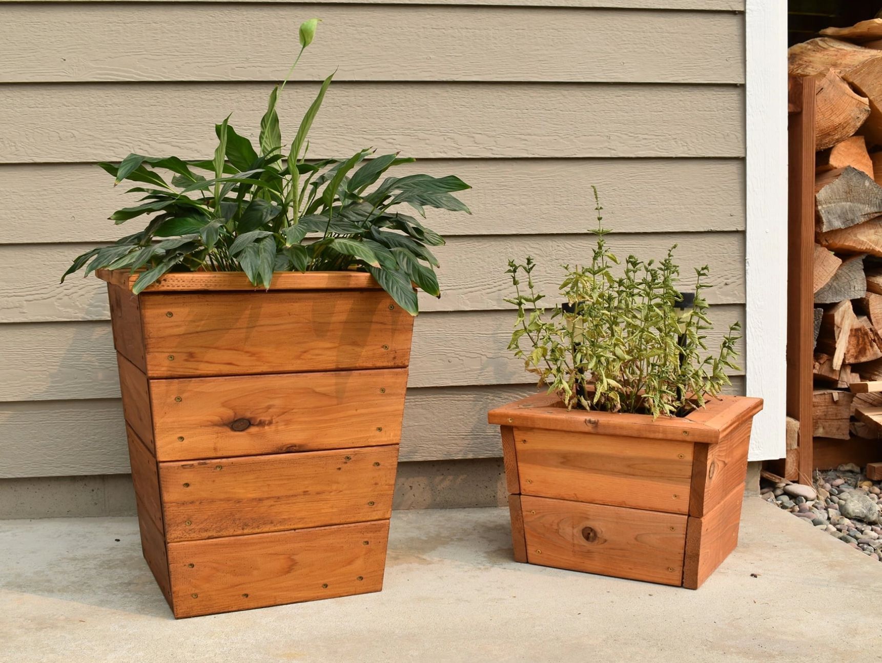 Two wooden planters with plants in them are sitting in front of a house.