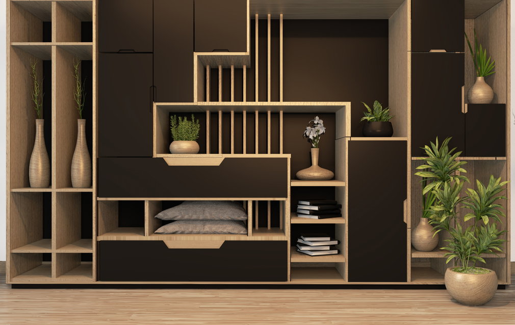 It is a 3d rendering of a living room with a lot of shelves and drawers.