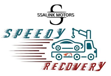 The logo for speedy recovery is a tow truck with a car on it.