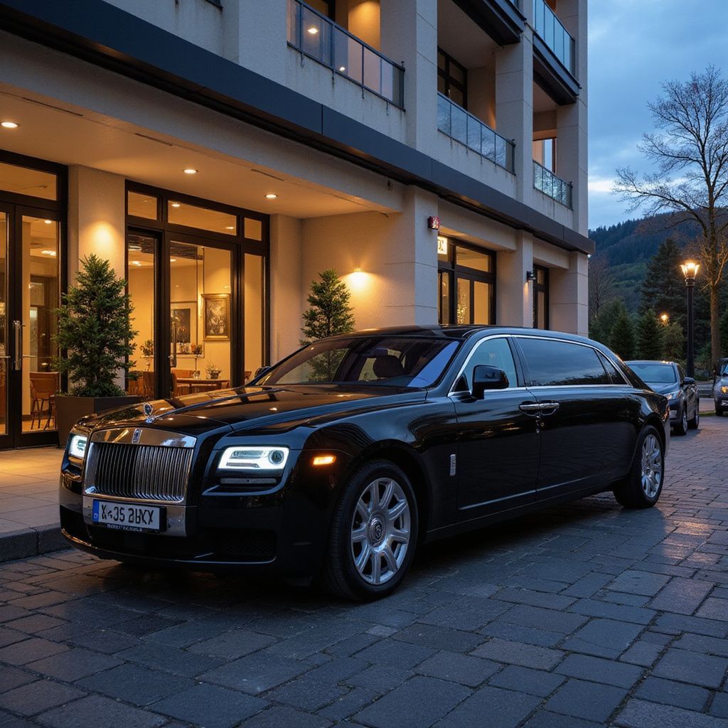 Black Rolls Royce parked in front of a hotel with glass doors. Nighttime, lit by warm lights.