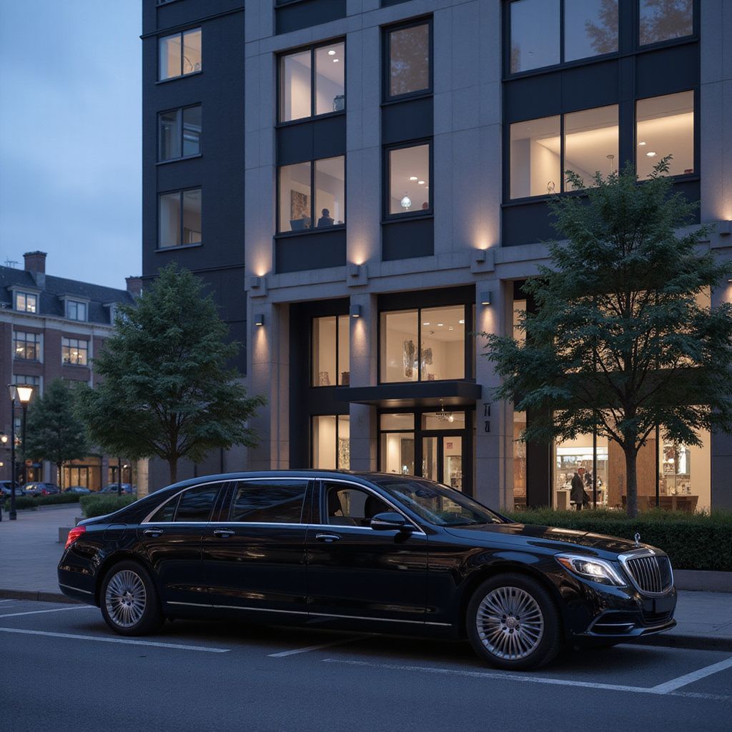 Black limousine parked in front of a modern building at dusk.