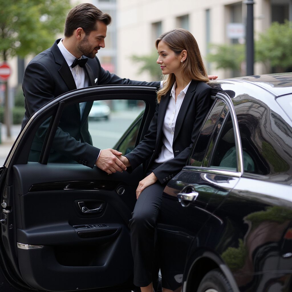 Man in suit helps woman in suit exit a black car.