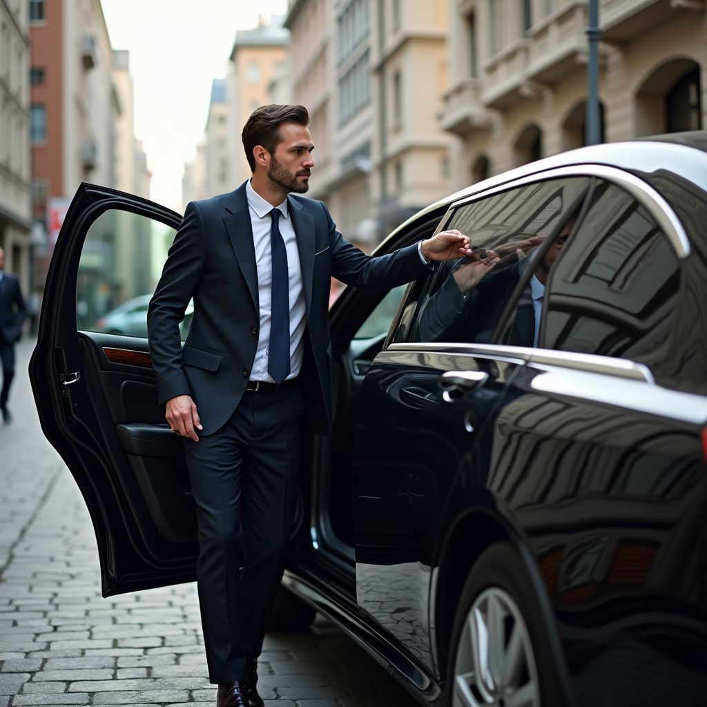 A man in a suit exits a black car on a city street.