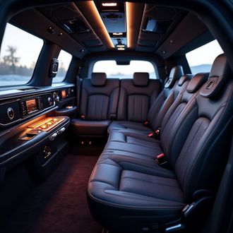 Interior view of a luxury SUV with black leather seating, wood paneling, and ambient lighting.