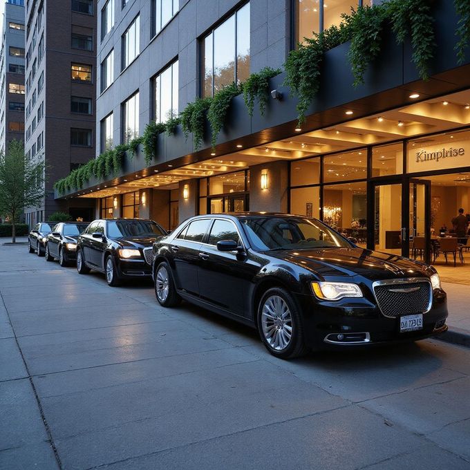 A row of black luxury cars parked in front of a building with a lit entrance.