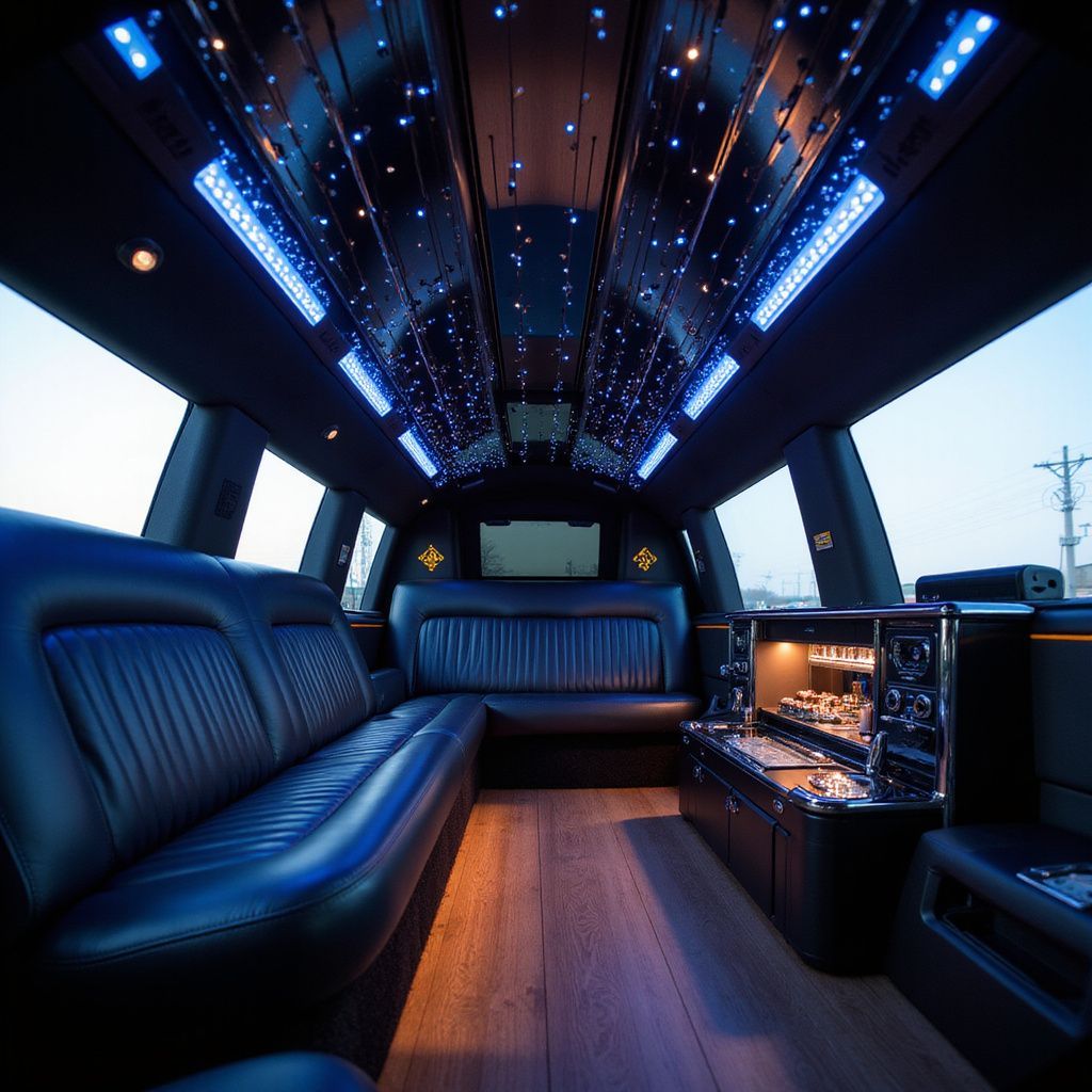 Interior of a black limousine with blue starry ceiling lights, leather seats, and a bar.