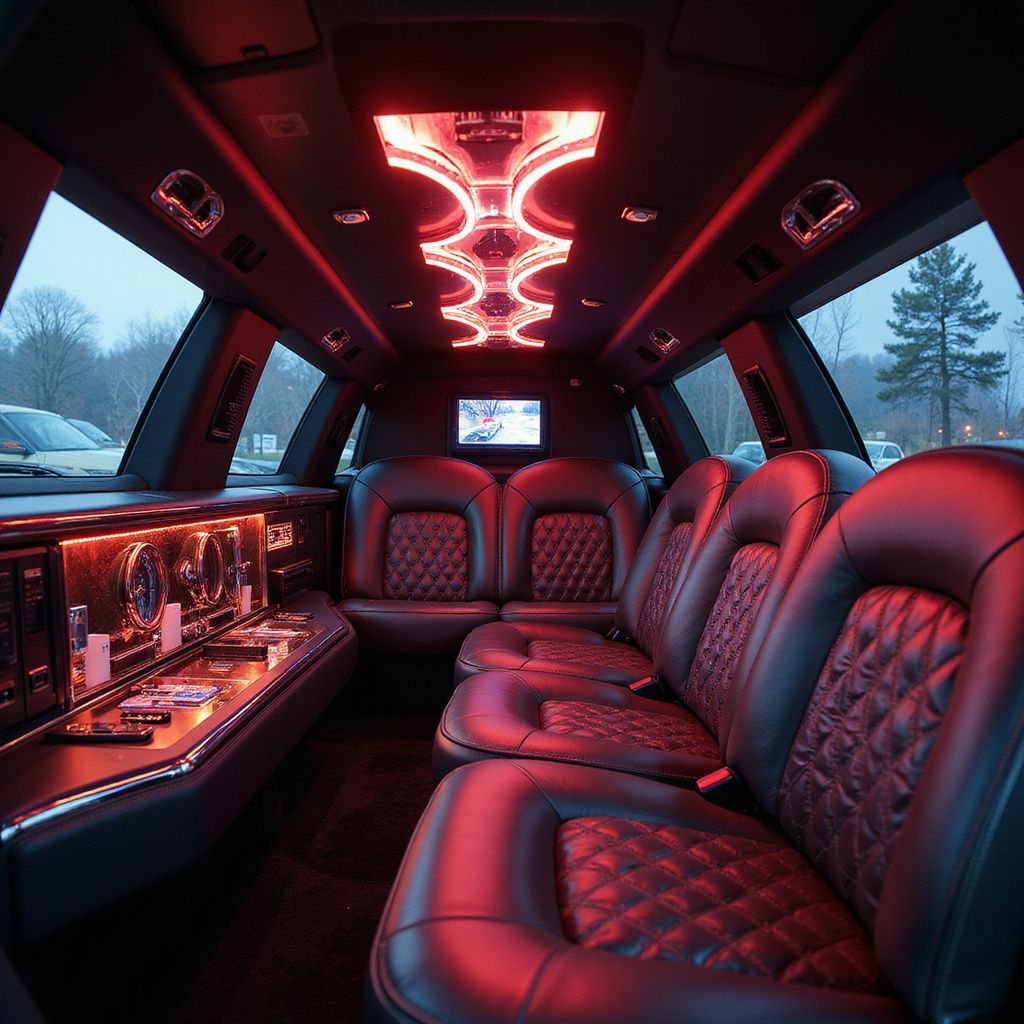 Interior of a limousine with red ambient lighting, leather seats, and a small screen.
