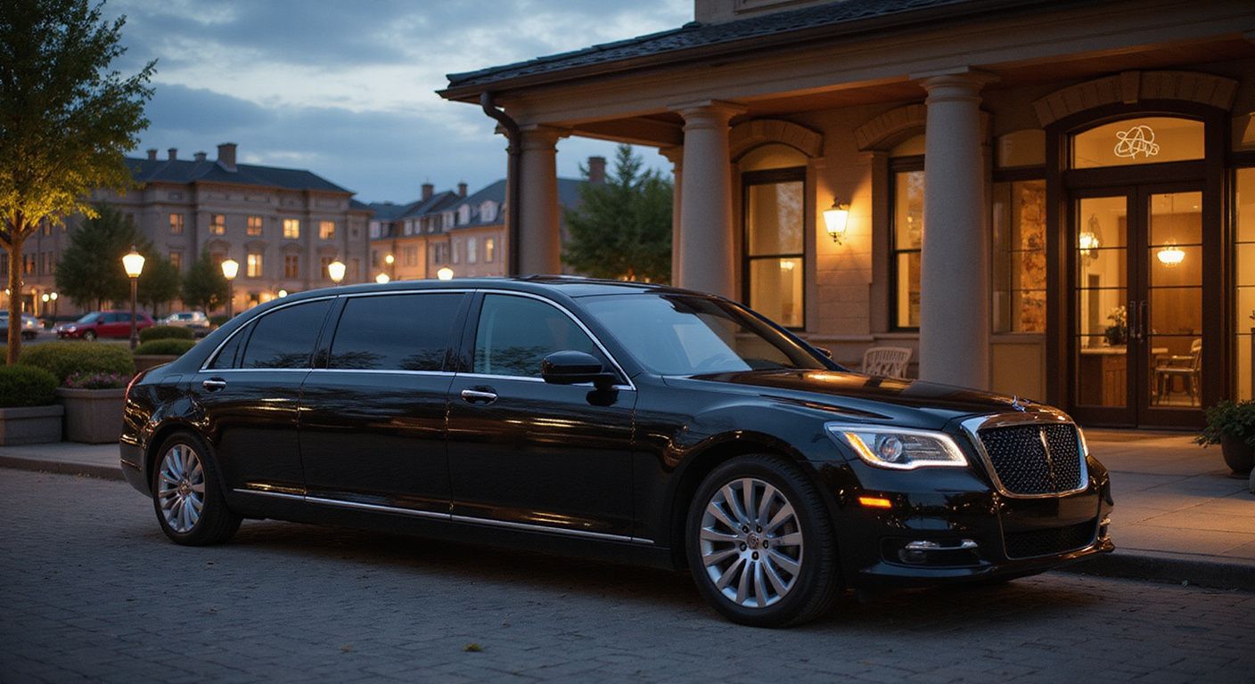 Black limousine parked in front of a building with lights on; dusk setting.