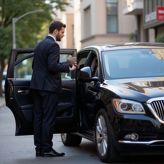 Man in a suit opening the door of a black car on a city street.