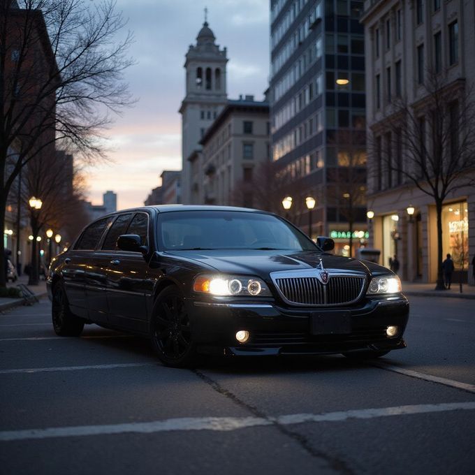 Black Lincoln Town Car parked on a city street at dusk, headlights on, buildings in background.