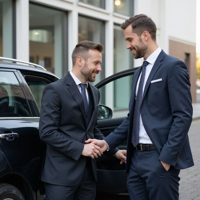Two men in suits shake hands by a black car, smiling outdoors.