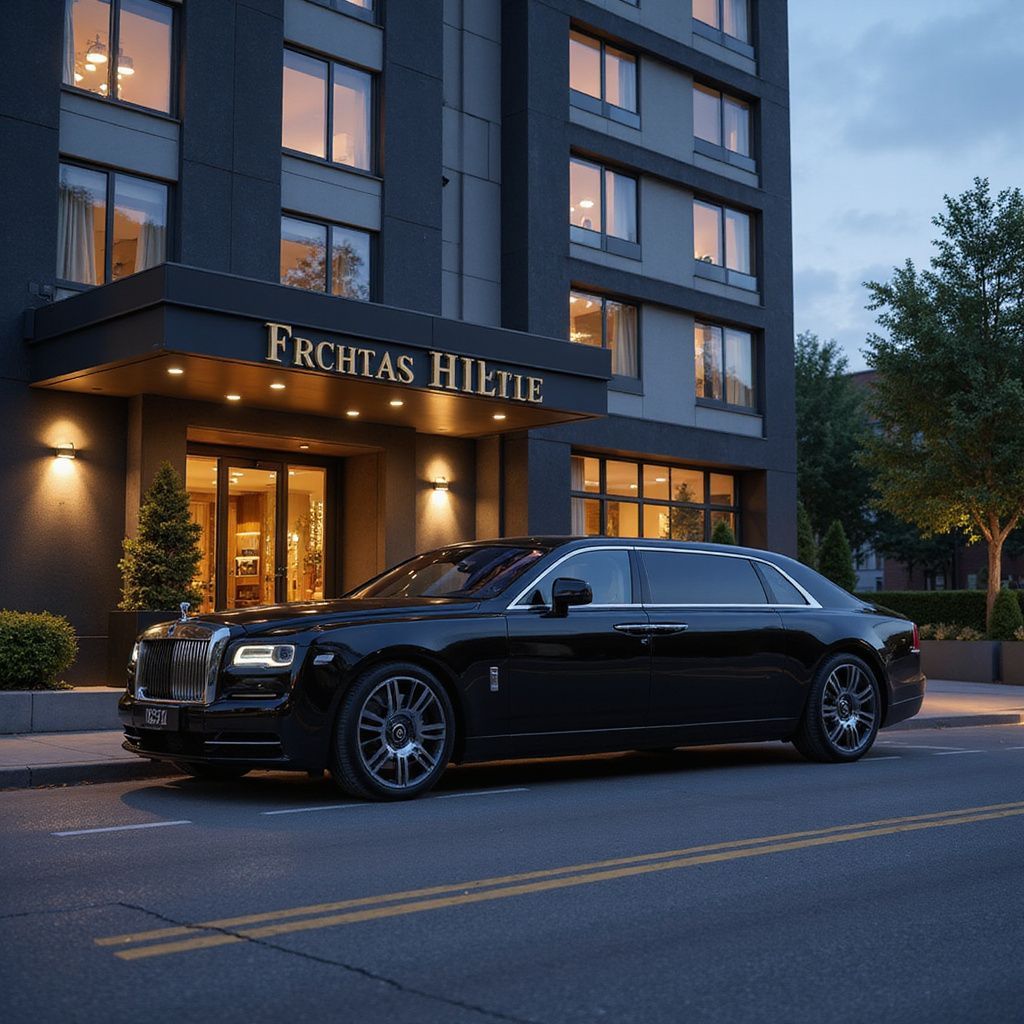Black Rolls Royce parked in front of the Freitas Hotel, dark building with lit entrance.