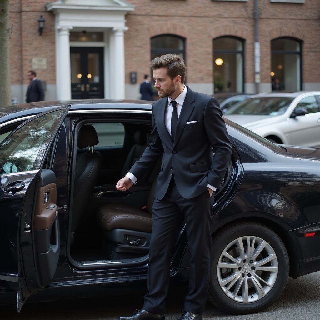 Man in dark suit exiting black car, in front of a building.