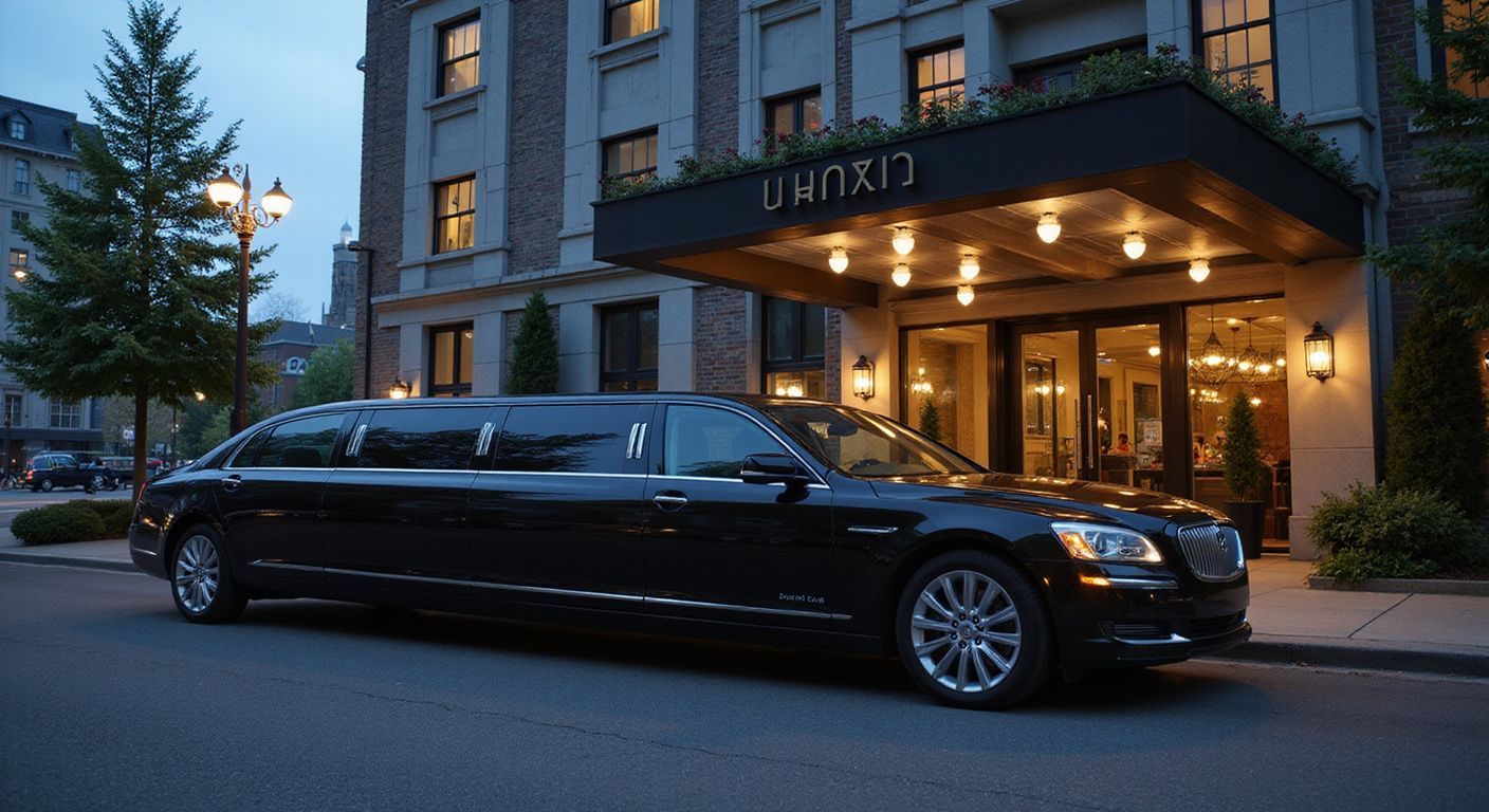 Black limousine parked in front of the entrance of a hotel.